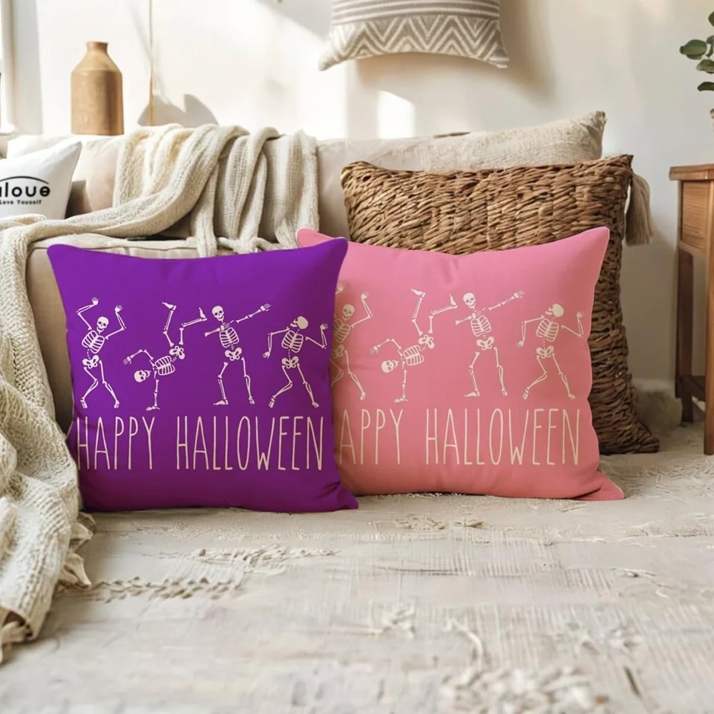 Halloween Decorative Purple Skeleton Decor Pillow Cover 18x18 inch